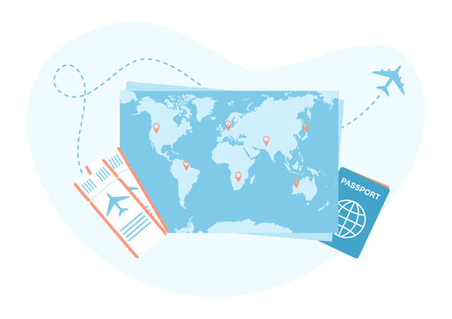 recommend clip art: Paper world map with passport and plane tickets. Travel route planning. Flat vector illustration
