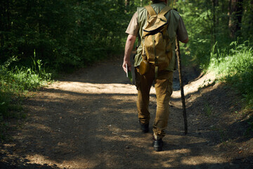 Rear view crop shot of unrecognizable male forester wearing backpack holding digital tablet and wooden stick walking along road