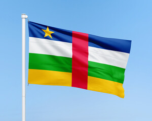 Central African Republic flag on stick on sky background. Realistic flag illustration