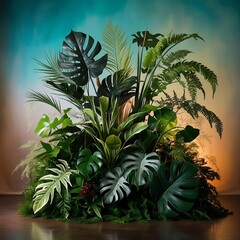 Lush green tropical plants bush (monstera, palm, rubber plant, pine and fern), cut out isolated on colourful background