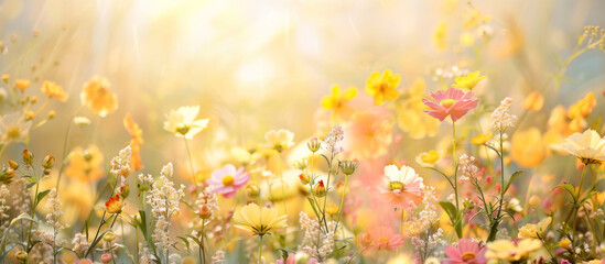 Yellow, white, pink wildflowers blooming in a meadow on a sunny day. Beautiful summer meadow in soft light