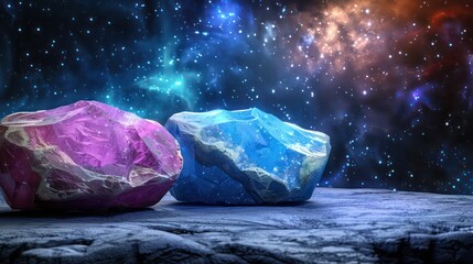Obraz premium Two luminous crystals on a cosmic background in space.