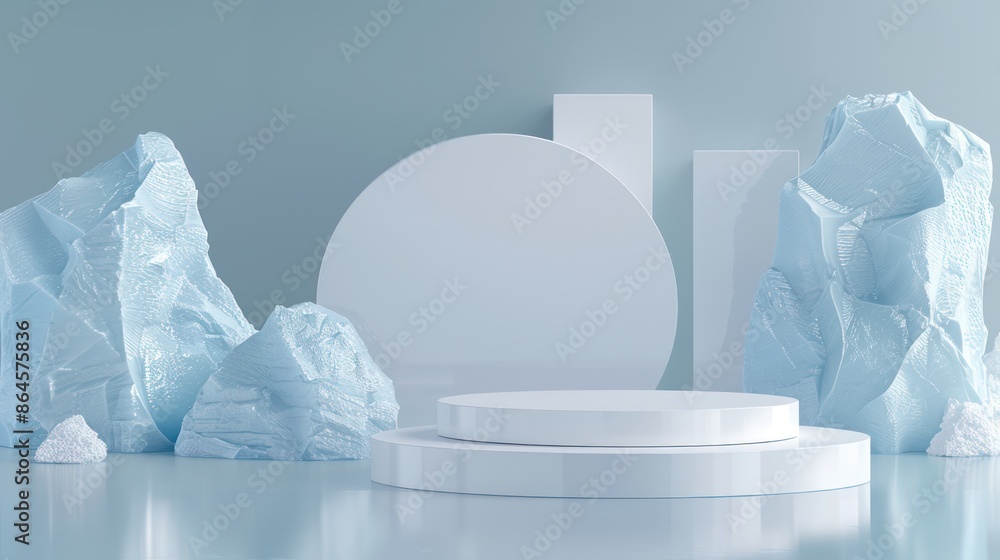 Poster abstract icy display background with geometric shapes and rocks.