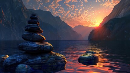 Sunset over peaceful lake with balanced rock cairn.