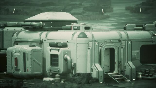 A futuristic research base with advanced technology orbiting an alien planet, designed for settlers.