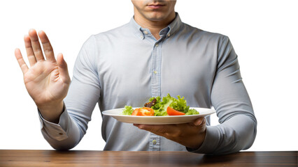 Person refusing a plate of food with vegetables on transparent background, suggesting diet or rejection