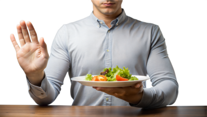 Person refusing a plate of food with vegetables on transparent background, suggesting diet or rejection