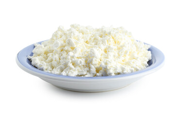 Bowl of tasty cottage cheese on white background