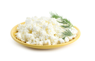 Bowl of tasty cottage cheese on white background