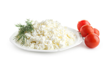 Plate of tasty cottage cheese and tomatoes on white background