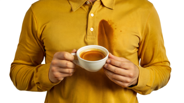 Person with a stain on their yellow shirt holding a cup of coffee on a transparent background