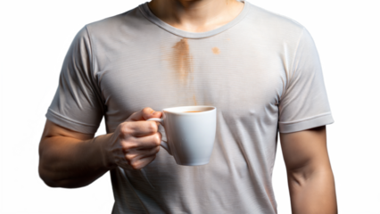 Person holding coffee cup with stain on shirt on transparent background