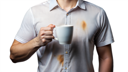 Person with coffee stain on their white shirt holding a white mug, isolated on transparent background