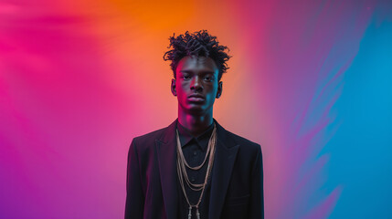 Fashion model posing under colorful lights in studio
