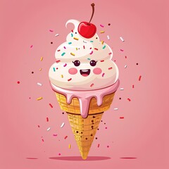 A smiling ice cream cone with a cherry on top, covered in sprinkles, against a pink background.