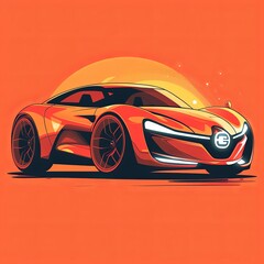 A sleek, futuristic sports car in red with a sunset background.