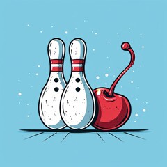 Two bowling pins stand next to a cherry on a blue background.