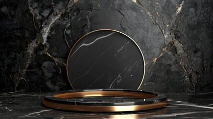 Elegant, gold-trimmed black marble pedestal background art