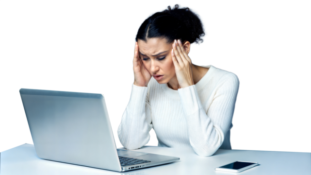 Woman experiencing headache while working on laptop with phone nearby on a transparent background