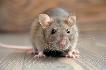 Close up small domestic grey mouse on wooden floor in the kitchen
