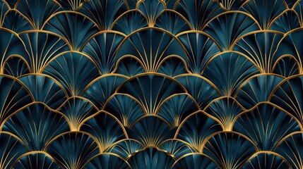 Elegant teal and gold art deco fan pattern, seamless blend