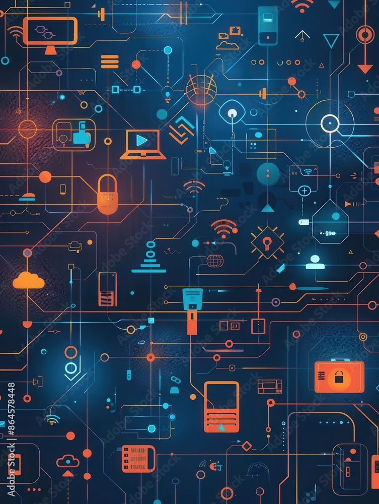 Aufkleber An abstract representation of network devices and data flow, showcasing routers, modems, smart home gadgets, and other devices interconnected by abstract lines. Generative AI