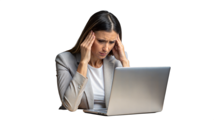 Woman experiencing a headache while working on laptop, stressed and frustrated
