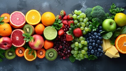 Colorful array of fresh fruits and vegetables with copy space