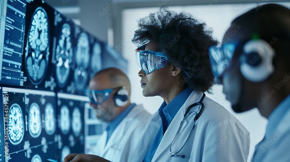 Poster scientists map neural pathways with advanced tech, deeply focused on unlocking mind's mysteries.