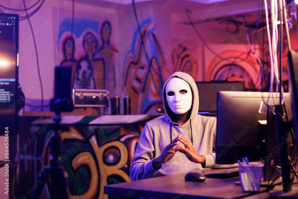 Poster anonymous criminal recording scam message on smartphone camera. internet thief in mask with hidden i