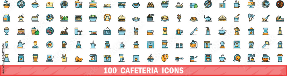 Poster 100 cafeteria icons set. color line set of cafeteria vector icons thin line color flat on white