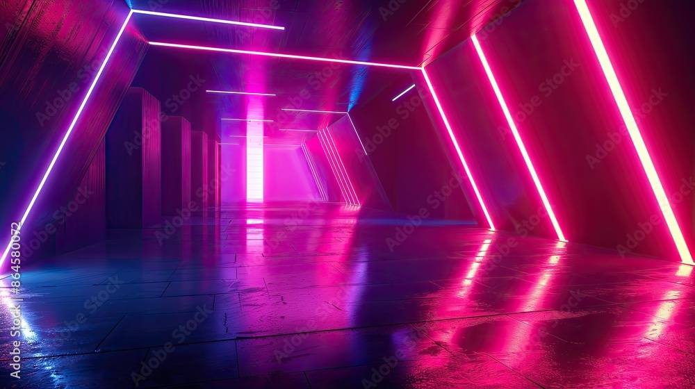 Wall mural Futuristic neon light filled space dark background few short lines make the shapes of abstract objects - Wall murals