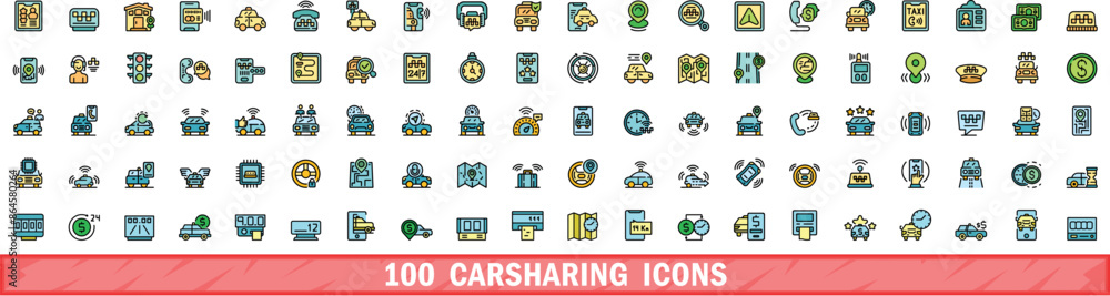 Aufkleber 100 carsharing icons set. color line set of carsharing vector icons thin line color flat on white