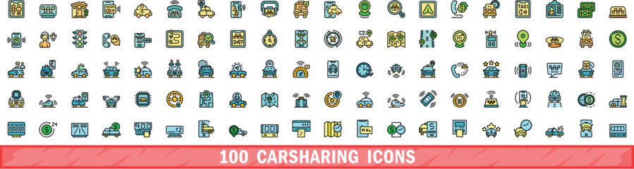 100 carsharing icons set. Color line set of carsharing vector icons thin line color flat on white