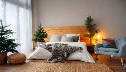 Aesthetic composition of stylish bedroom interior with mock up poster frame, cozy bed, braided pouf, rack, gray armchair, vase with leaves, plaid and personal accessories. Home decor. Template.