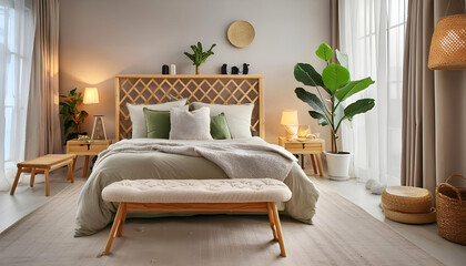 Aesthetic composition of stylish bedroom interior with mock up poster frame, cozy bed, braided pouf, rack, gray armchair, vase with leaves, plaid and personal accessories. Home decor. Template.