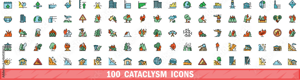 Poster 100 cataclysm icons set. color line set of cataclysm vector icons thin line color flat on white