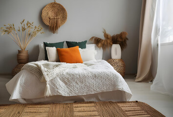 Aesthetic composition of stylish bedroom interior with mock up poster frame, cozy bed, braided pouf, rack, gray armchair, vase with leaves, plaid and personal accessories. Home decor. Template.