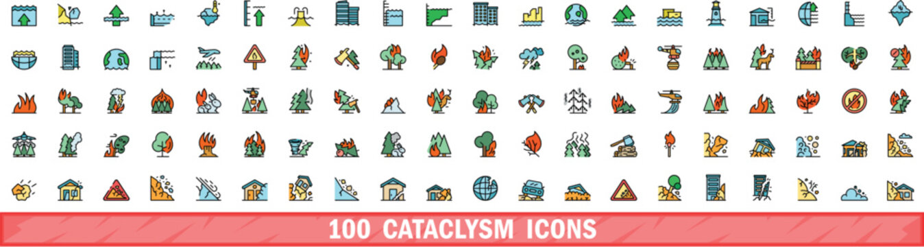 100 cataclysm icons set. Color line set of cataclysm vector icons thin line color flat on white