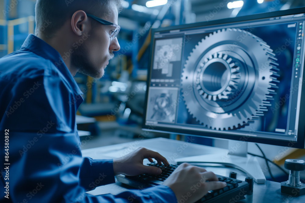 Aufkleber male developer working on manufacturing software in a modern factory