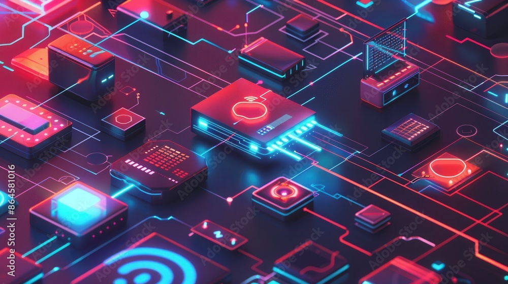 Poster a stylized digital illustration showcasing various network devices such as routers, modems, and smar