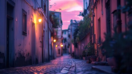 ethereal italian cityscape at twilight cobblestone streets and historic architecture blurred into dreamy pastel hues soft focus creates romantic atmosphere perfect for overlaying text or designs