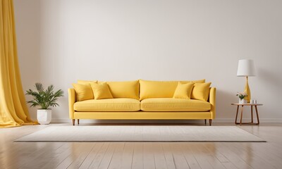 Minimalist interior design mock-up, highlighting a modern yellow sofa placed against a refined white wall with stylish decor elements, offering plenty of empty space for text or copy space.