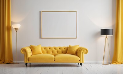 Minimalist modern interior mock-up, highlighting a luxurious yellow sofa set against a sophisticated white wall with decor elements and frame with blank, providing empty space for text or copy space.