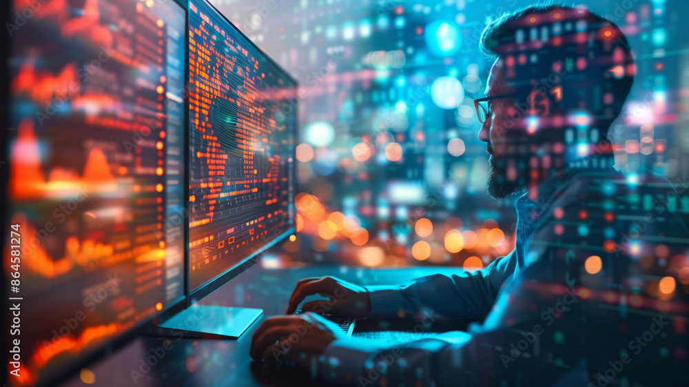 Poster Businessman Planning Software Development at Night With Computer Screen Showing Code and Data