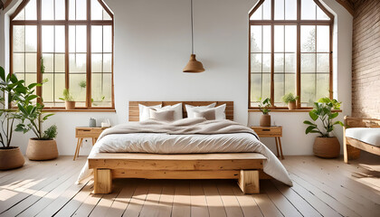 Aesthetic composition of stylish bedroom interior with mock up poster frame, cozy bed, braided pouf, rack, gray armchair, vase with leaves, plaid and personal accessories. Home decor. Template.