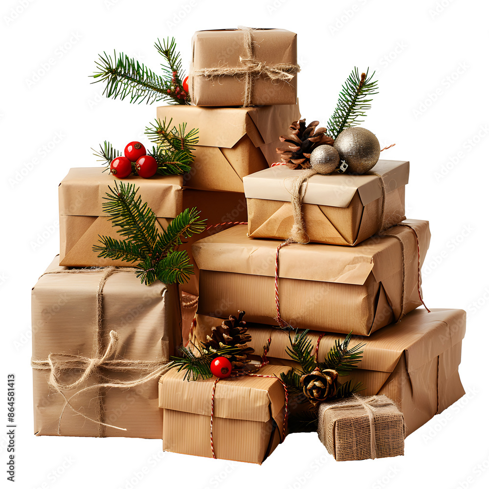 Poster a stack of brown boxes with a pine tree on top and a red