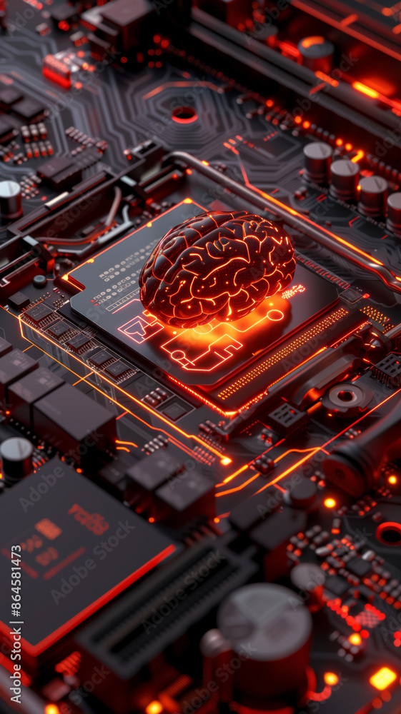 Poster Illuminated Brain Model on a Computer Motherboard