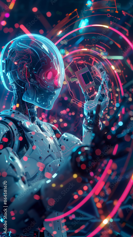 Poster AI Robot Interacting With Digital Data in a Futuristic Setting