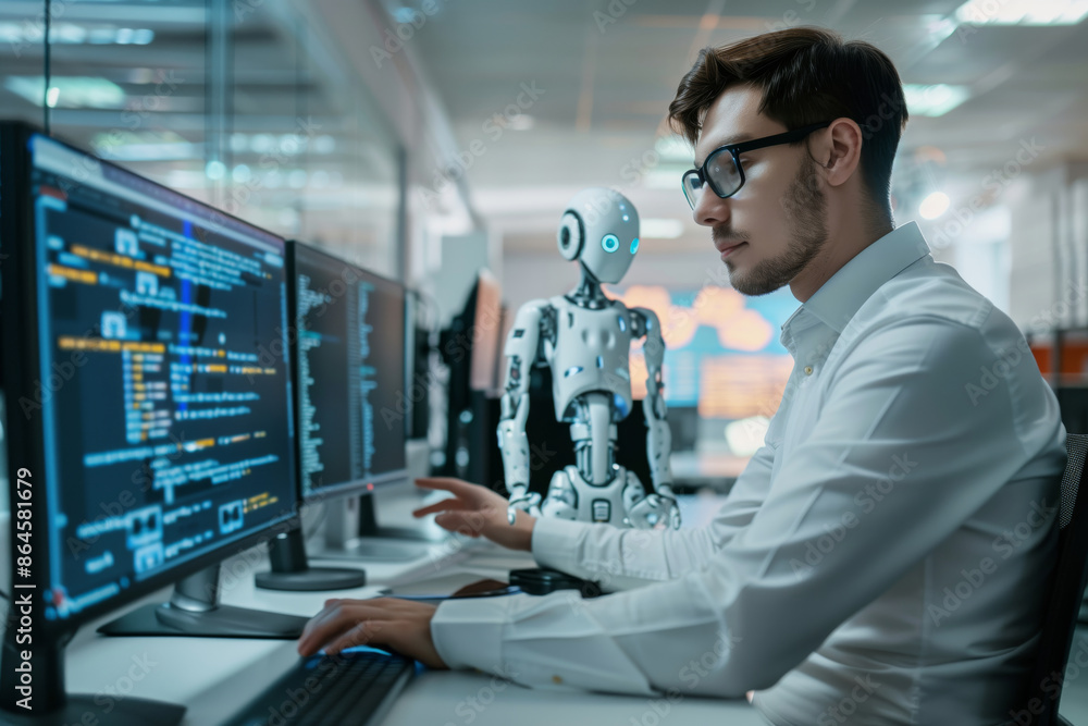 Poster Man Working on Computer With Artificial Intelligence Robot in Modern Office